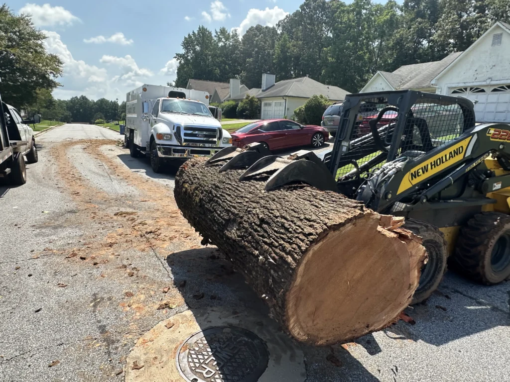 Large tree trunk being moved with heavy equipment during residential emergency tree removal